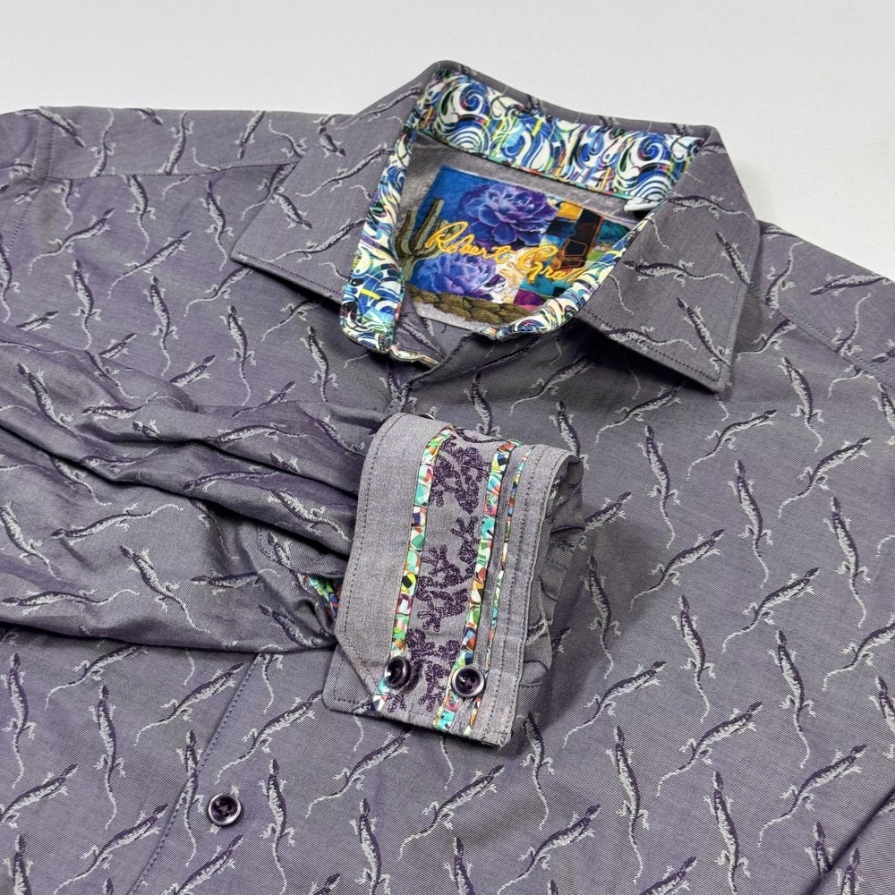 Robert Graham Shirt Mens Medium Gray Lizard Embroidered‎ Long Sleeve Button Up